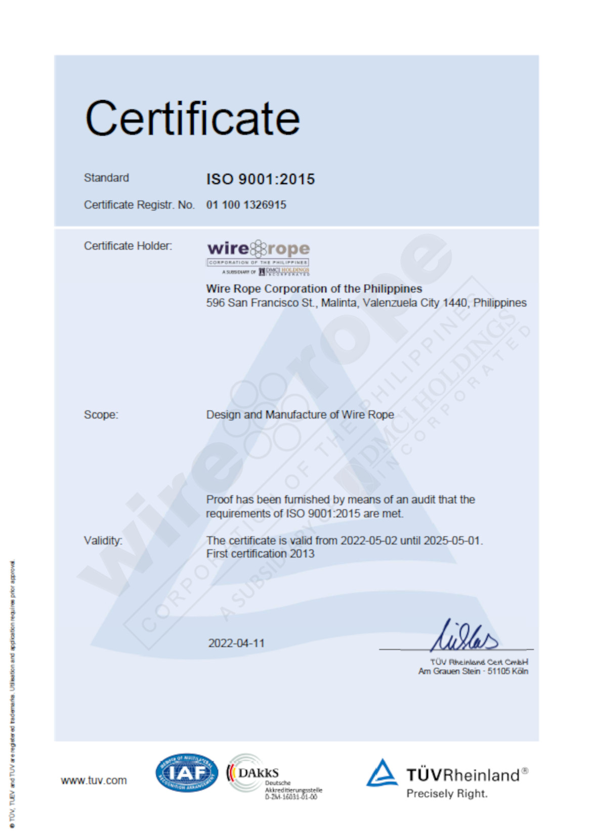 ISO 9001 Certificate of Wire Rope Corporation (watermarked)